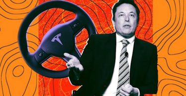 Montage illustrant Elon Musk à côté d'un volant Tesla, symbolisant les limites matérielles du Hardware 3 pour la conduite autonome complète.