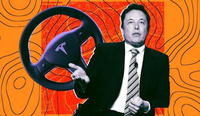 Montage illustrant Elon Musk à côté d'un volant Tesla, symbolisant les limites matérielles du Hardware 3 pour la conduite autonome complète.
