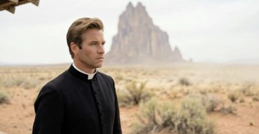 Portrait de Val Kilmer recréé par intelligence artificielle pour le film "As Deep as the Grave". L'acteur apparaît sous les traits du Père Fintan, portant une tenue de prêtre noire avec col romain, sur un fond de paysage désertique avec une formation rocheuse rappelant le sud-ouest américain.