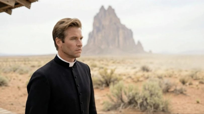 Portrait de Val Kilmer recréé par intelligence artificielle pour le film "As Deep as the Grave". L'acteur apparaît sous les traits du Père Fintan, portant une tenue de prêtre noire avec col romain, sur un fond de paysage désertique avec une formation rocheuse rappelant le sud-ouest américain.