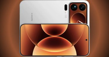 Rendu promotionnel du Xiaomi 18 Pro Max en blanc et cuivre, montrant le dos avec le module caméra Leica et l'écran 2K affichant un fond d'écran abstrait orange.