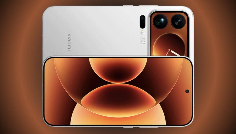 Rendu promotionnel du Xiaomi 18 Pro Max en blanc et cuivre, montrant le dos avec le module caméra Leica et l'écran 2K affichant un fond d'écran abstrait orange.