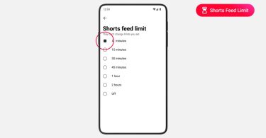 Capture d'écran de l'application mobile YouTube montrant le menu Shorts feed limit avec l'option 0 minutes sélectionnée et entourée en rouge, aux côtés du badge Shorts Feed Limit sur fond dégradé rose