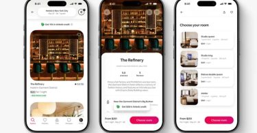 Interface de l'application Airbnb sur trois smartphones affichant la nouvelle fonctionnalité de réservation d'hôtels indépendants, illustrant la sélection de chambres pour The Refinery à New York et la mise en avant du crédit promotionnel de 15%.