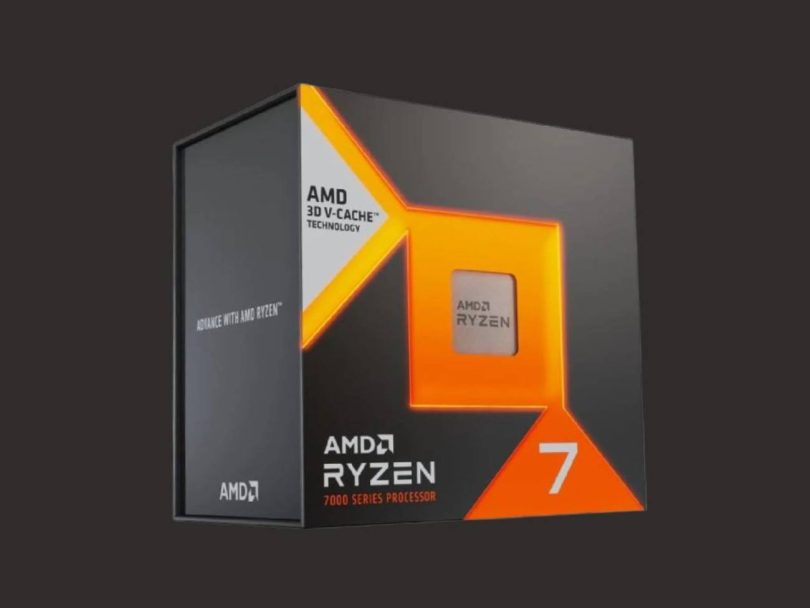 Boîte officielle du processeur AMD Ryzen 7 série 7000 avec technologie 3D V-Cache, illustrant le futur modèle gaming 7700X3D.