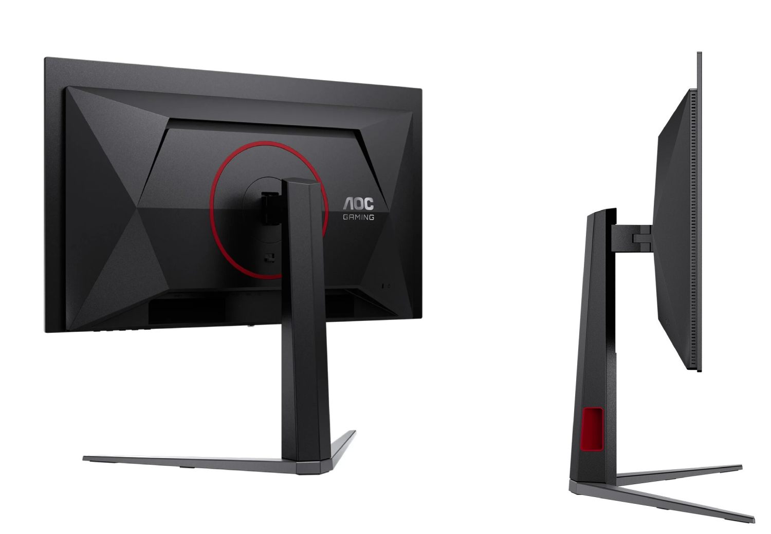 Vues arrière et profil latéral du moniteur gaming AOC Q27G4KDP révélant le boîtier arrière en noir mat avec design gaming en facettes géométriques et logo AOC GAMING en gris clair, accent décoratif circulaire rouge autour du système de fixation VESA, colonne centrale du pied avec accent rouge décoratif et logo AOC, pied en X stable à deux branches en métal noir, double vue technique pour démonstration du design industriel et de l'ergonomie ajustable