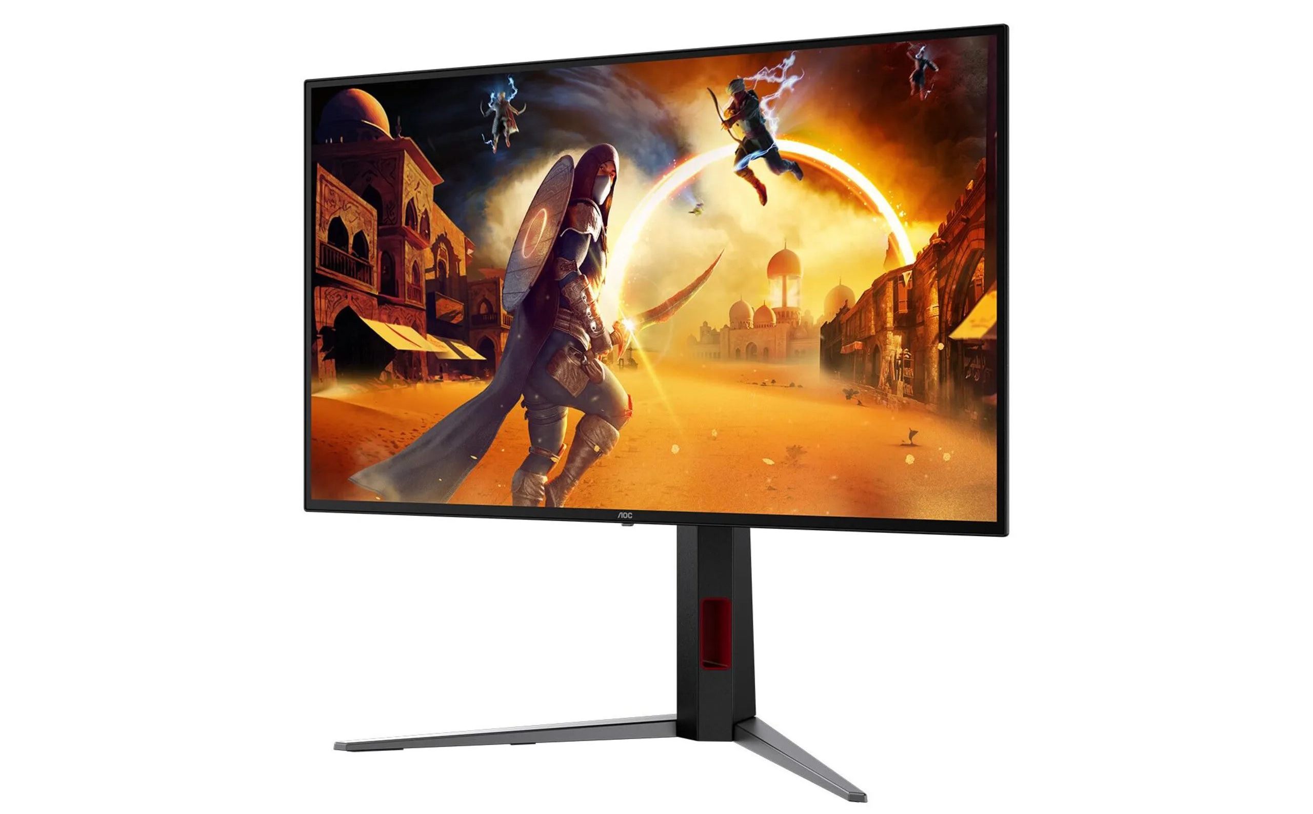 Vue frontale légèrement trois-quarts du moniteur gaming AOC Q27G4KDP de 27 pouces avec dalle LG WOLED 4e génération Primary RGB Tandem 4 couches affichant en pleine page une scène de jeu fantasy en HDR éclatant avec personnage encapuchonné portant un bouclier circulaire orné d'un symbole runique magique au premier plan, désert d'orient au coucher de soleil orange flamboyant, deux personnages magiques flottant dans les airs avec éclairs bleus, architecture moyen-orientale aux dômes ornés en arrière-plan, bezel ultra-fin avec logo AOC central et pied X stable noir mat avec accent rouge AOC sur la colonne