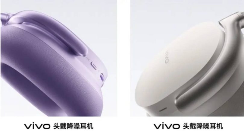 Gros plan sur les écouteurs du premier casque circum-aural à réduction de bruit active de Vivo, dans ses deux coloris Breeze Purple (violet) et Cloud White (blanc), au design minimaliste avec coussinets en cuir éco texturé.