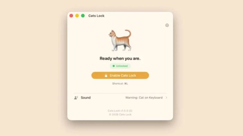 Logo officiel de l'application Cats Lock représentant un chat orange stylisé dans un encadré blanc, avec le texte "Introducing Cats Lock. The app for cat-proofing your Mac."