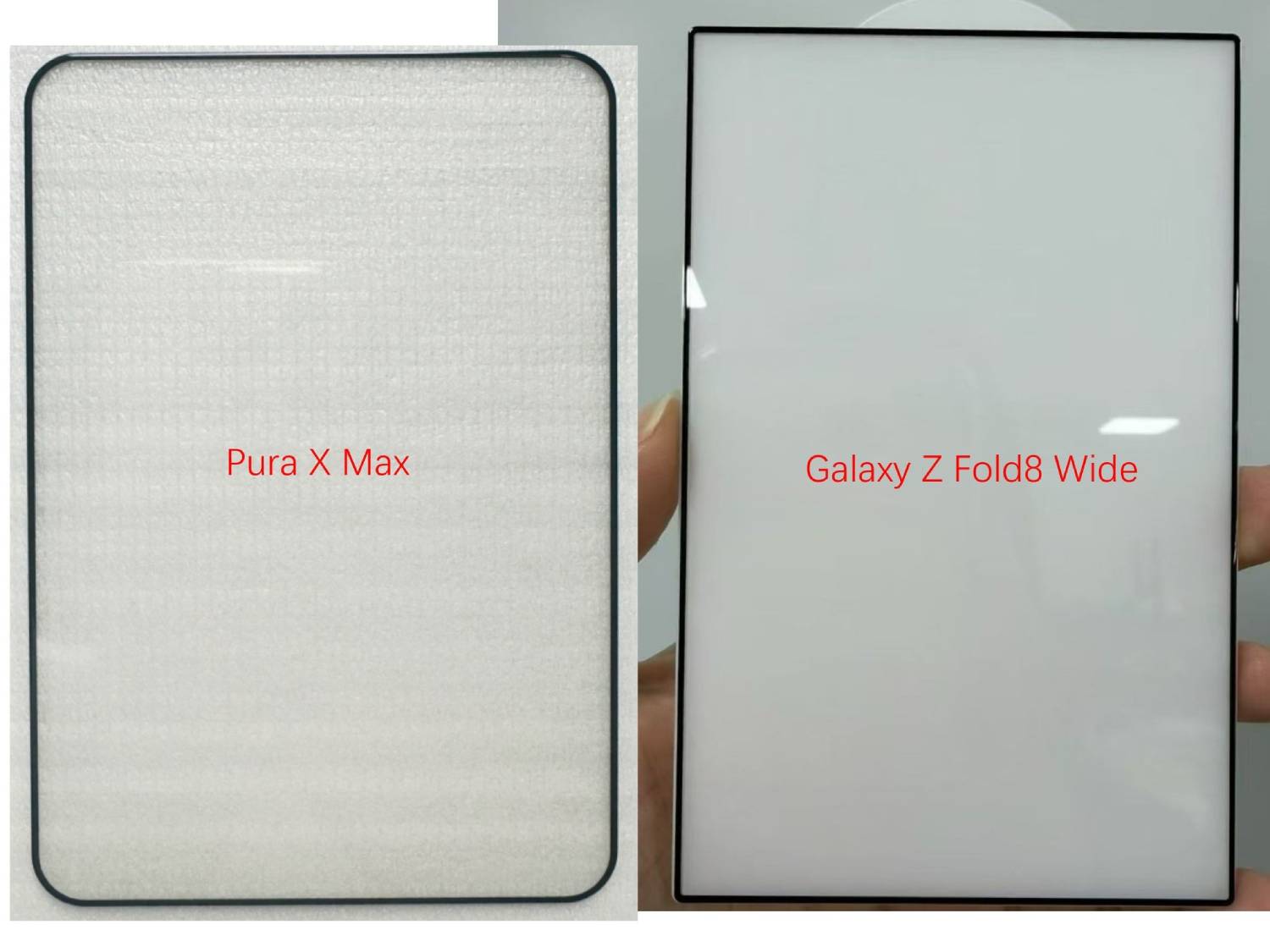 Montage photo comparant directement deux protecteurs d'écran en verre trempé. À gauche, le format très large et presque carré du Huawei Pura X Max. À droite, le format rectangulaire et plus étroit de l'écran externe du Samsung Galaxy Z Fold 8 Wide tenu en main.