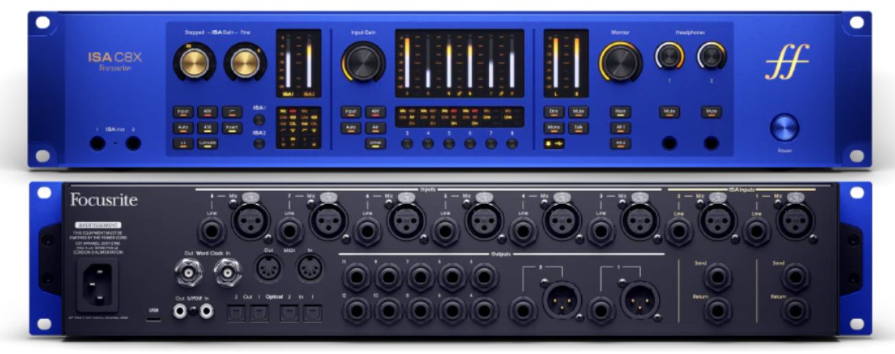 Focusrite ISA C8X vues face avant en aluminium bleu avec contrôles ISA1 ISA2 VU-mètres et entrées instrument, et face arrière noire avec connectique complète : 8 entrées combo XLR/jack, 12 sorties ligne, ADAT, S/PDIF, MIDI, Word Clock et USB-C