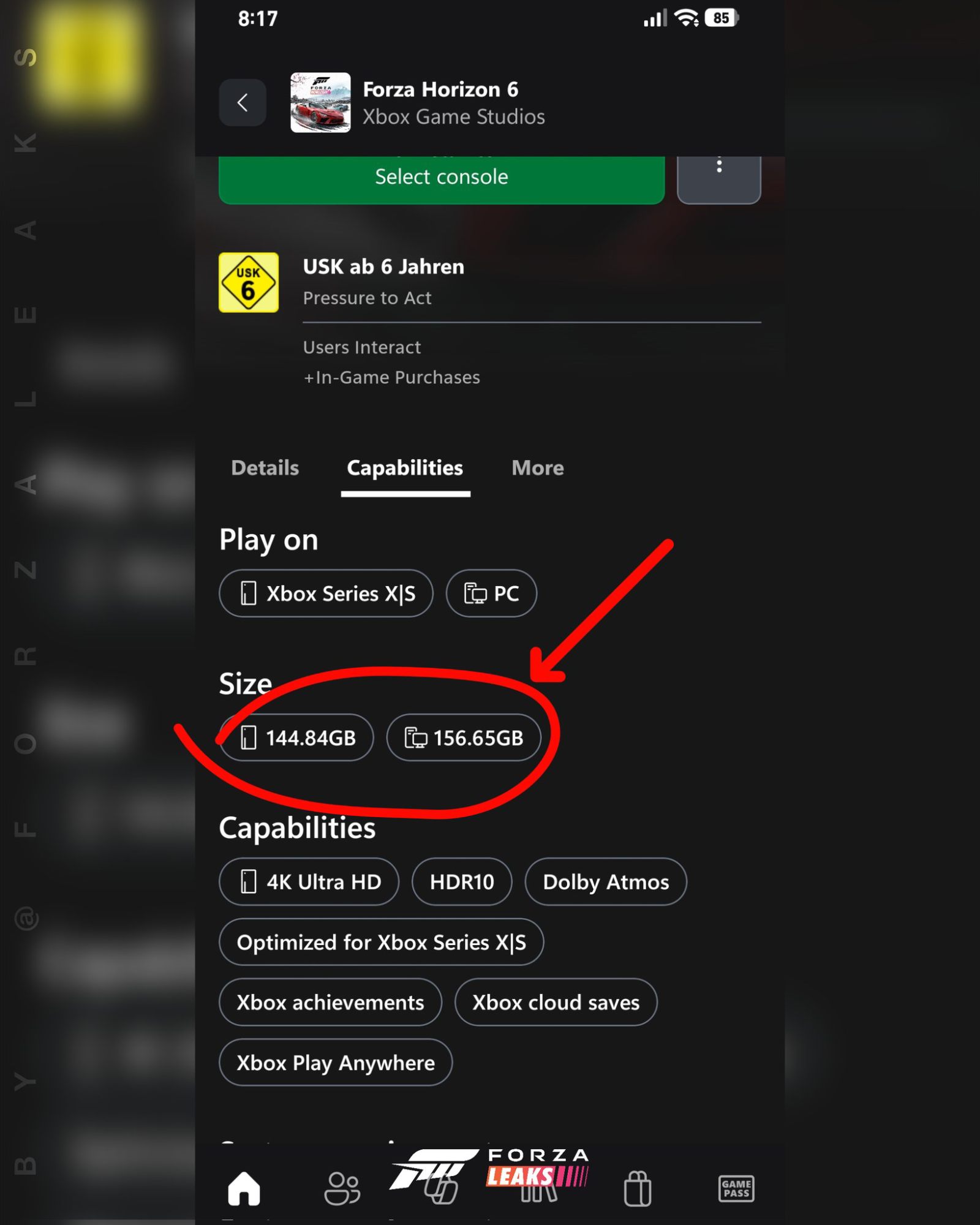 Capture d'écran de l'application Xbox détaillant la taille de Forza Horizon 6, affichant 144,84 GB pour la console Xbox Series X|S et 156,65 GB pour la version PC, avec une flèche rouge mettant en évidence ces spécifications.