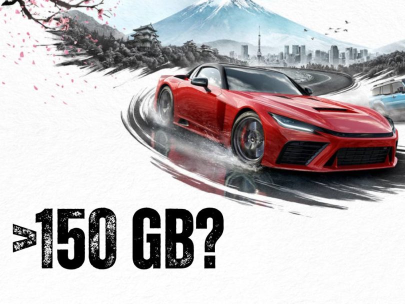 Illustration de Forza Horizon 6 montrant une voiture de sport rouge en dérapage sur une route japonaise avec le mont Fuji en arrière-plan, accompagnée de l'inscription textuelle ">150 GB?" soulignant les besoins en stockage.
