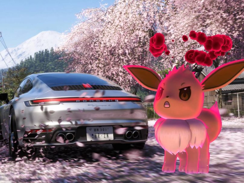 L'arrière d'une Porsche 911 Carrera S argentée sur une route de campagne japonaise avec le Mont Fuji et des cerisiers en fleurs. À droite, un Évoli Gigamax rose géant avec des nuages rouges parodie la référence "cachée" à Pokémon évoquée par les animateurs radio de Forza Horizon 6.