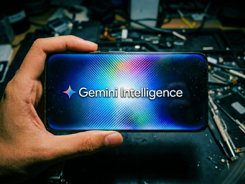 Smartphone Google Pixel affichant le logo Gemini Intelligence avec un fond d'écran coloré à effet de particules lumineuses sur un établi électronique.