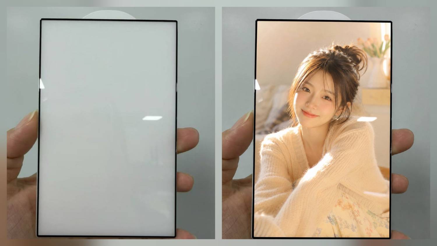 Photographie en deux parties d'un protecteur d'écran pour le Galaxy Z Fold 8 Wide tenu en main. À gauche, le verre transparent met en évidence des bordures noires ultra-fines. À droite, le verre superposé à une photographie permet d'apprécier le nouveau ratio d'aspect élargi de l'écran de couverture.
