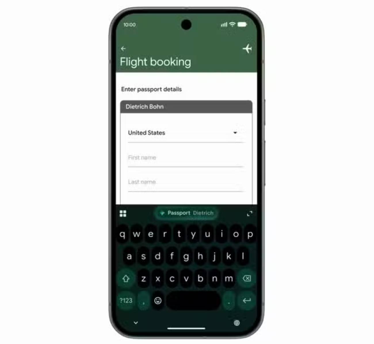 Démonstration de l'autofill intelligent de Gemini Intelligence sur Android : Gboard propose automatiquement les informations passeport pour remplir un formulaire de réservation de vol, illustrant l'IA agentique embarquée propulsée par Gemini Nano v3.