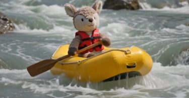 Image générée par l'IA Gemini Omni de Google montrant une peluche équipée d'un gilet de sauvetage rouge, naviguant sur des rapides à bord d'un bateau pneumatique jaune.