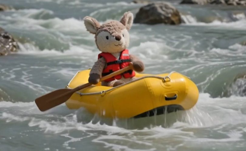 Image générée par l'IA Gemini Omni de Google montrant une peluche équipée d'un gilet de sauvetage rouge, naviguant sur des rapides à bord d'un bateau pneumatique jaune.