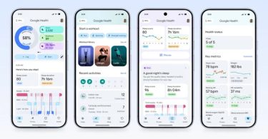 Capture d'écran de la nouvelle interface Google Health sur smartphone montrant les quatre onglets principaux : Today, Fitness, Sleep et Health, avec des analyses de données biométriques et le coach IA Gemini.