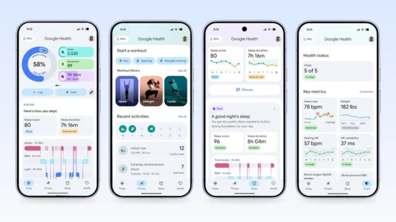 Capture d'écran de la nouvelle interface Google Health sur smartphone montrant les quatre onglets principaux : Today, Fitness, Sleep et Health, avec des analyses de données biométriques et le coach IA Gemini.
