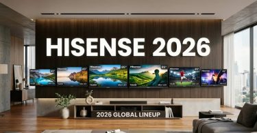 Visualisation des téléviseurs Hisense 2026 avec la mention 2026 Global Lineup, gamme Mini-LED et QLED dédiée à la Coupe du Monde de football, présentés dans un salon moderne.