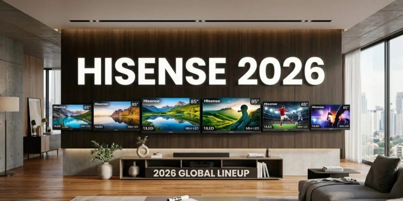 Visualisation des téléviseurs Hisense 2026 avec la mention 2026 Global Lineup, gamme Mini-LED et QLED dédiée à la Coupe du Monde de football, présentés dans un salon moderne.