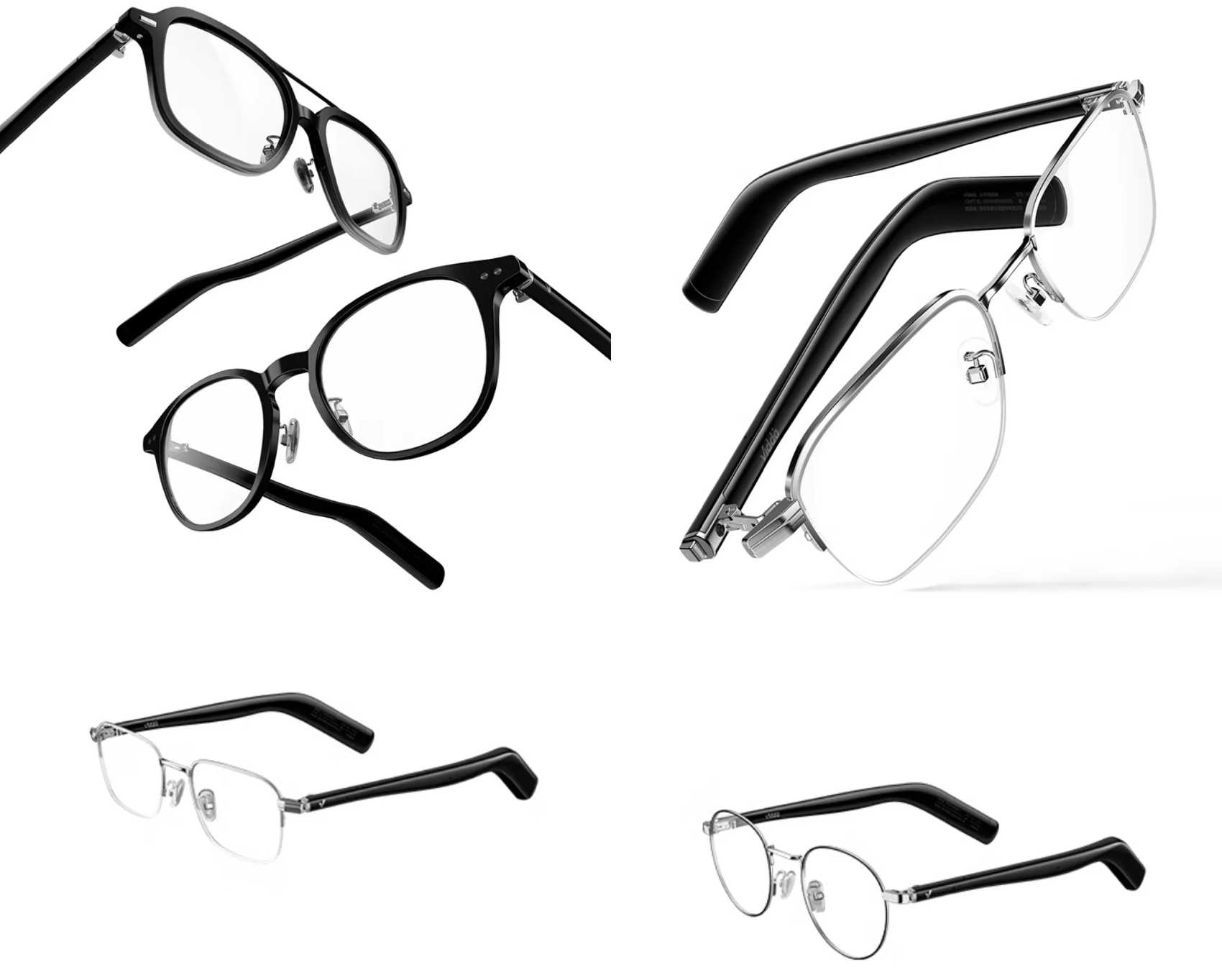 Quatre options de monture des lunettes audio connectées Hisense Vidda G11 : modèles acétate noir angulaire et rond, version métallique semi-cerclée argentée et version métal rond, branches fines noires.