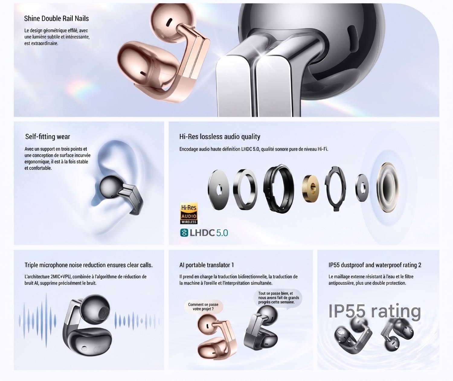Infographie officielle Honor Earbuds Clip Pro en français : design Shine Double Rail Nails, support 3 points, codec LHDC 5.0 Hi-Res Audio Wireless, triple micro 2MIC+VPU, traducteur IA, indice IP55.