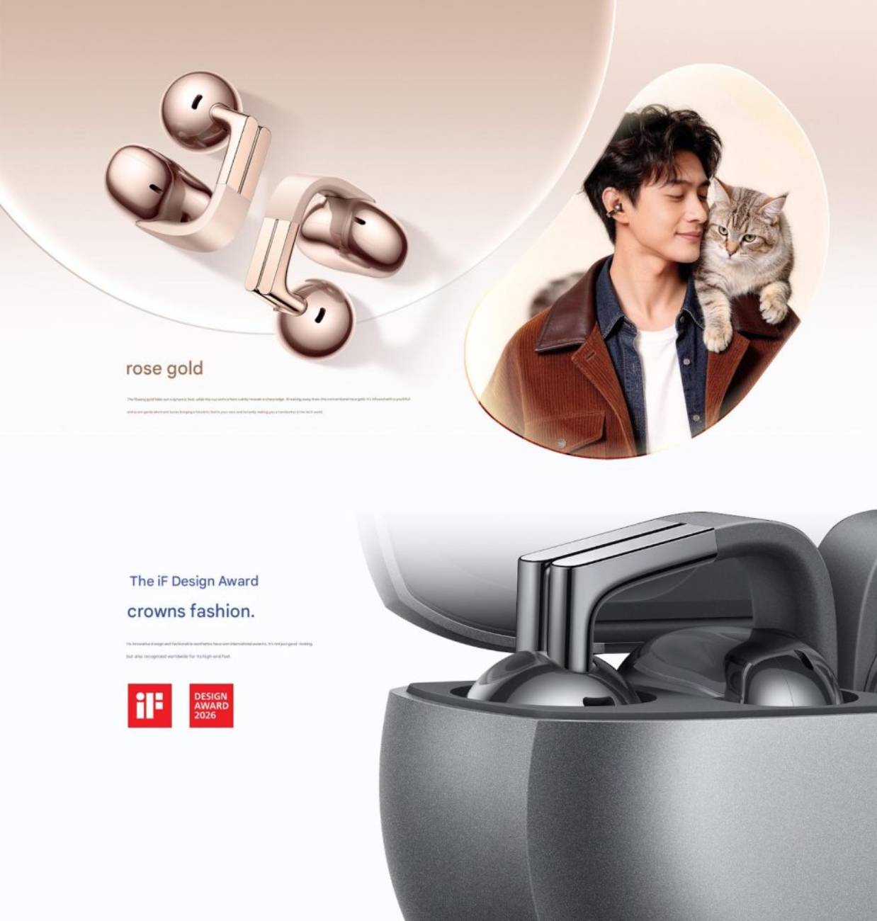 Composition officielle Honor Earbuds Clip Pro montrant la variante Rose Gold en haut, un porteur lifestyle, et le boîtier de charge ouvert avec les écouteurs Prism Black, accompagné du logo iF Design Award 2026.