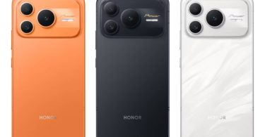 Trois smartphones Honor de la gamme Power vus de dos (coloris orange, noir et blanc), illustrant le design distinctif de la série avant l'arrivée du futur Honor Power 3.