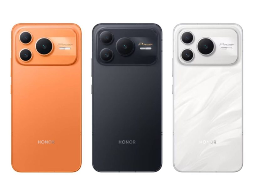 Trois smartphones Honor de la gamme Power vus de dos (coloris orange, noir et blanc), illustrant le design distinctif de la série avant l'arrivée du futur Honor Power 3.