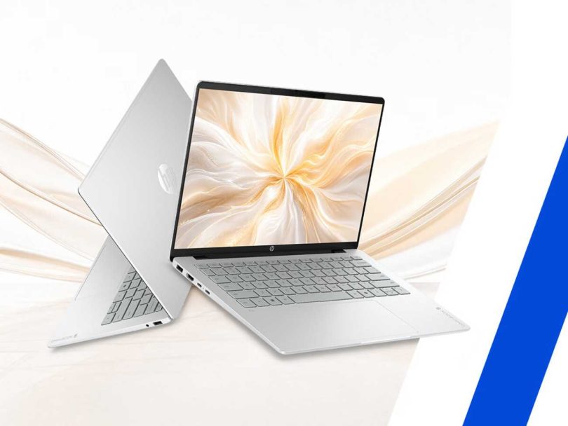 Ordinateur portable HP StarBook Plus 14 argenté. Le modèle ouvert met en valeur son écran OLED 14 pouces (16:10) aux couleurs éclatantes et son clavier bord à bord, tandis que le modèle de dos souligne la finesse de son châssis de 13,7 mm avec le logo HP.