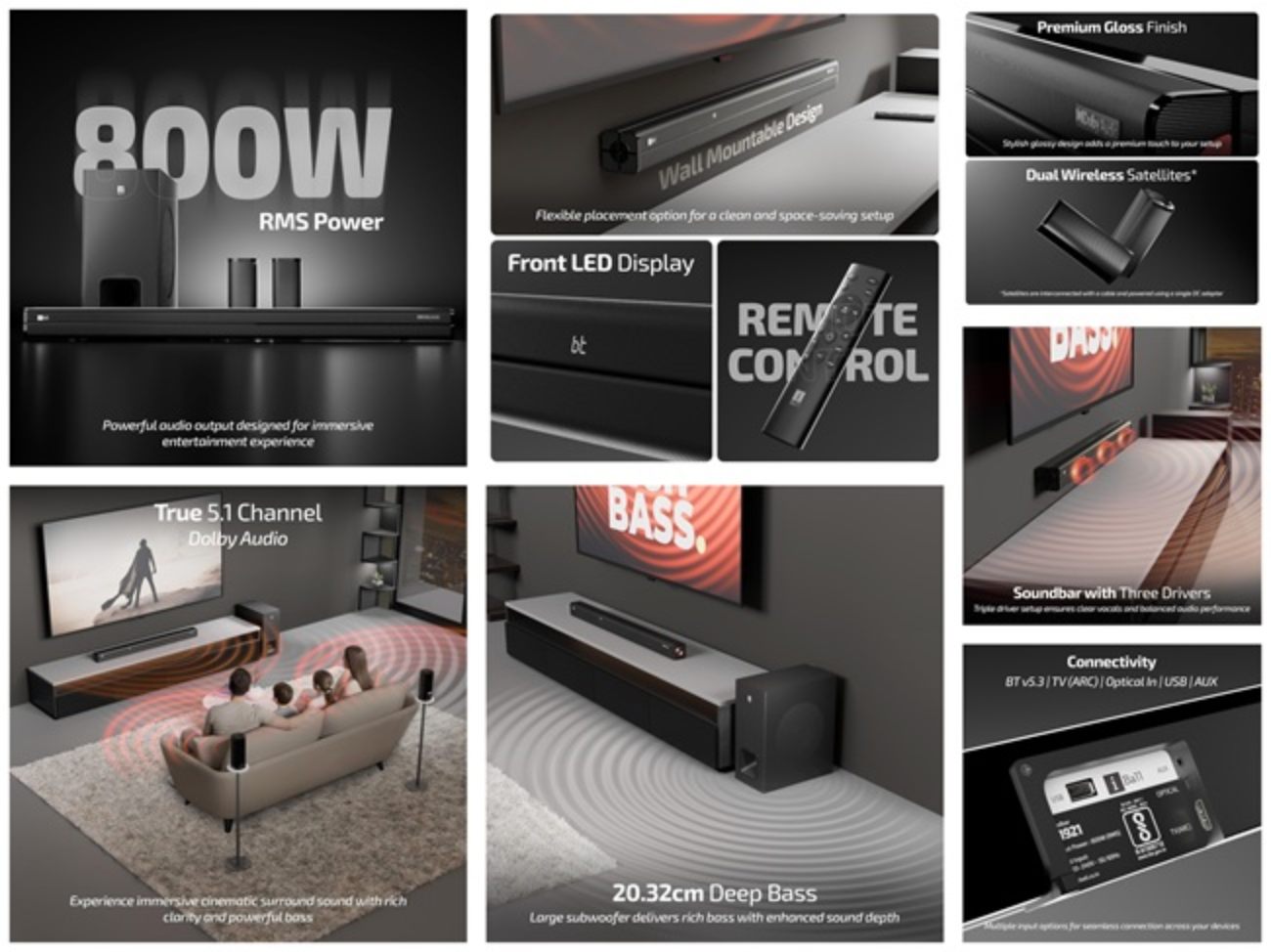 Infographie officielle iBall Cinebar 560 récapitulant les fonctions clés du système 5.1 : 800W RMS, fixation murale, afficheur LED frontal, télécommande, satellites sans-fil, Dolby Audio, subwoofer 20,32 cm, barre trois voies et connectique BT 5.3 / TV ARC / Optique / USB / AUX.