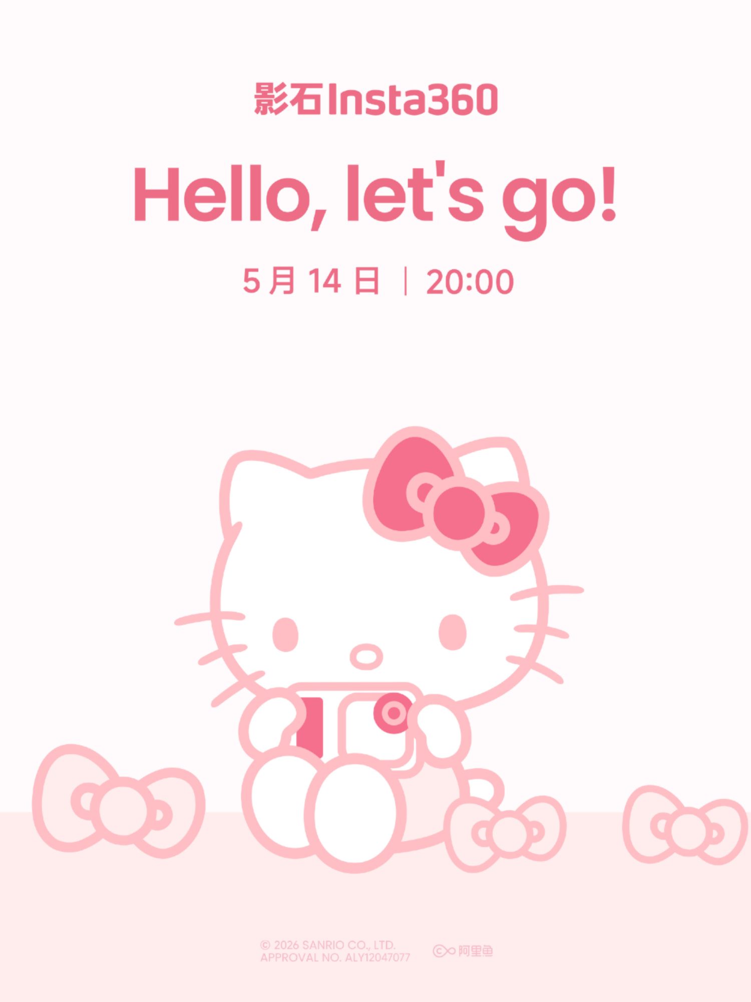 Affiche promotionnelle rose de l'Insta360 GO Ultra édition Hello Kitty montrant le personnage de Sanrio tenant la caméra miniature, avec la mention "Hello, let's go!" et une date de lancement.