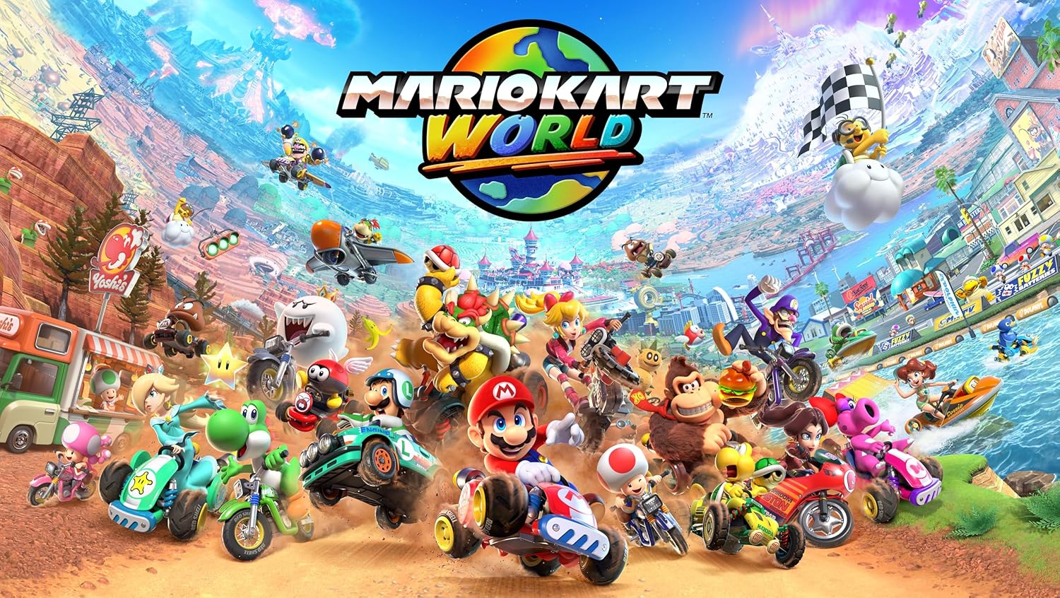 Visuel officiel de Mario Kart World sur Nintendo Switch 2 réunissant Mario, Luigi, Peach, Bowser, Wario, Donkey Kong, Yoshi et tout le roster sur des décors variés du jeu de course phare.