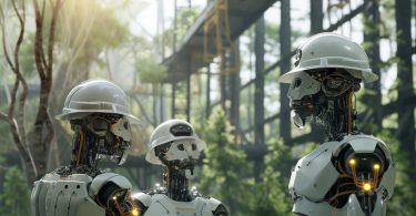 Trois robots humanoïdes blancs équipés de casques de chantier discutant sur un site industriel végétalisé, illustrant l'intégration de l'IA d'ARI chez Meta pour les marchés du travail à forte valeur ajoutée.