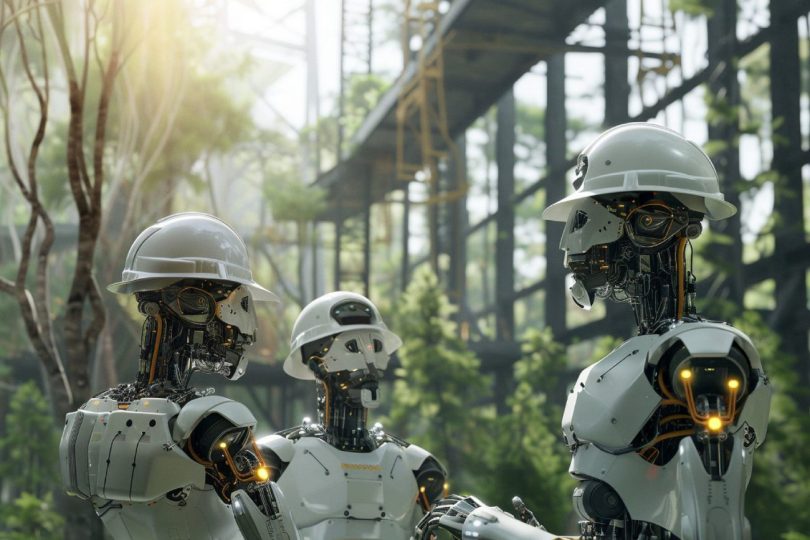 Trois robots humanoïdes blancs équipés de casques de chantier discutant sur un site industriel végétalisé, illustrant l'intégration de l'IA d'ARI chez Meta pour les marchés du travail à forte valeur ajoutée.