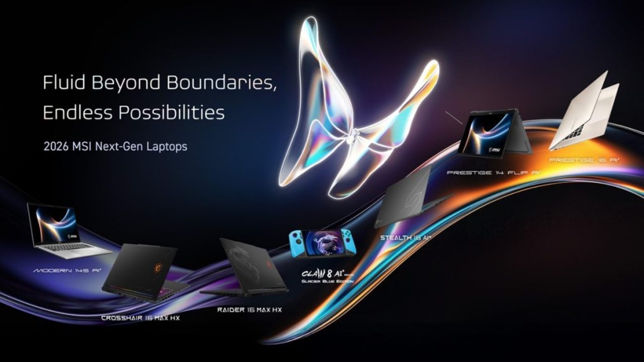 Visuel marketing officiel MSI gamme 2026 Next-Gen Laptops avec Modern 14S AI+, Crosshair 16 Max HX, Raider 16 Max HX, Claw 8 AI+ Glacier Blue, Stealth 16 AI+, Prestige 14 Flip AI+ et Prestige 16 AI+.
