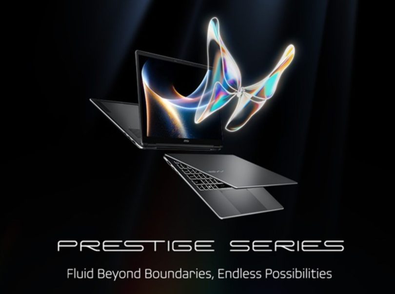 Visuel marketing officiel MSI Prestige Series 2026 montrant deux PC portables (clapet et convertible 2-en-1) en lévitation sur fond noir avec signature lumineuse irisée et slogan Fluid Beyond Boundaries Endless Possibilities.