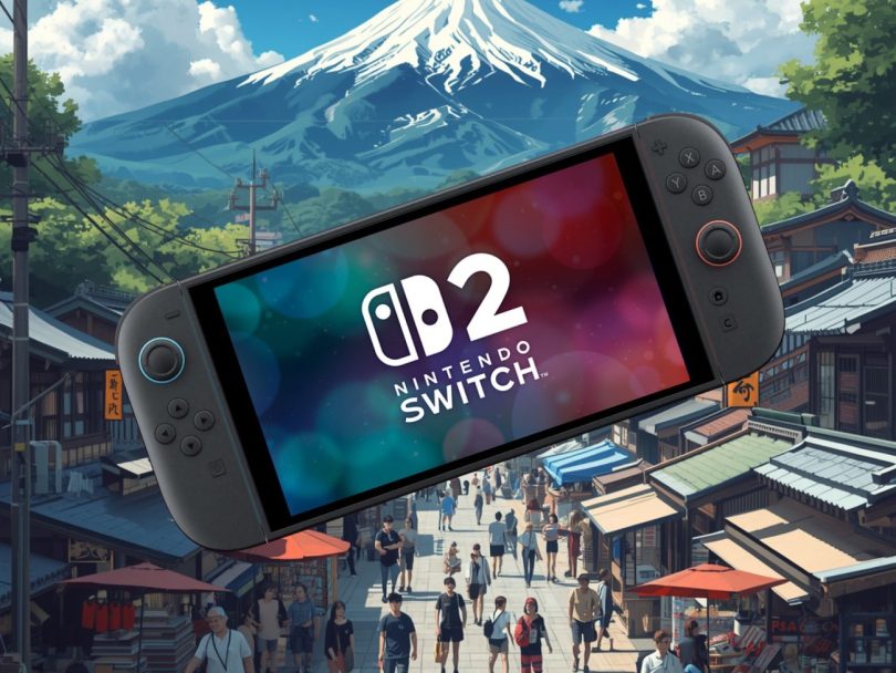 Console portable Nintendo Switch 2 affichant son logo devant le mont Fuji et une rue commerçante japonaise animée, illustration de la hausse de prix de 20 % au Japon dès le 25 mai 2026.