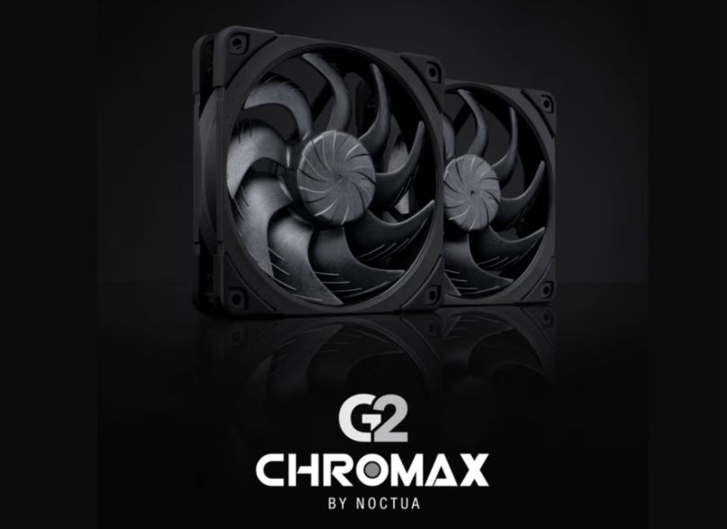 Deux ventilateurs Noctua NF-A12x25 G2 Chromax.Black entièrement noirs avec hélice à courbure progressive, présentés sur un fond sombre avec le logo G2 Chromax by Noctua.