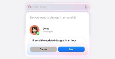 Interface de la nouvelle version de Siri d'Apple affichant une suggestion d'envoi de message à un contact avec les options "Annuler" ou "Envoyer", illustrant les futures interactions conversationnelles sécurisées.