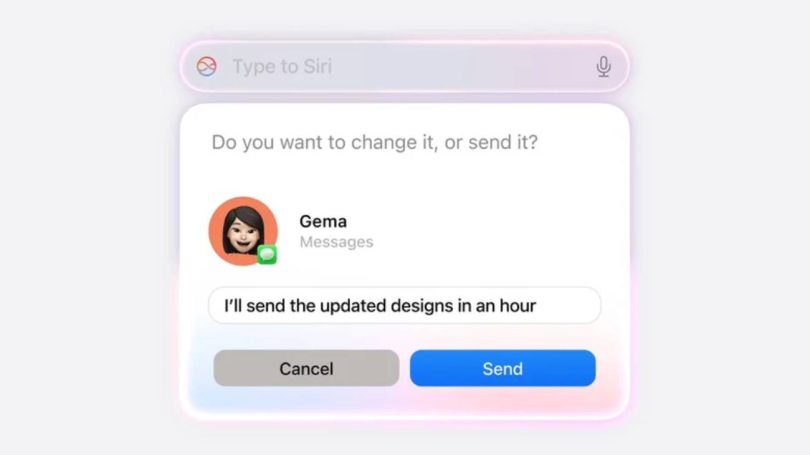Interface de la nouvelle version de Siri d'Apple affichant une suggestion d'envoi de message à un contact avec les options "Annuler" ou "Envoyer", illustrant les futures interactions conversationnelles sécurisées.
