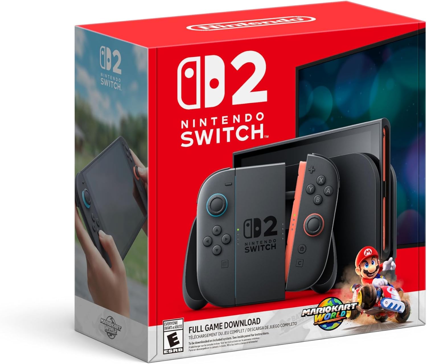 Packshot officiel du bundle Nintendo Switch 2 incluant Mario Kart World en téléchargement complet, console hybride avec Joy-Con noirs et accents bleu/orange, dock TV inclus, version européenne 2026.