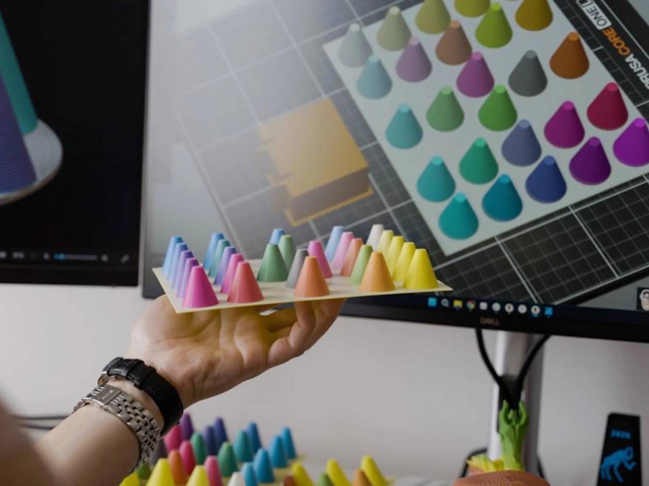 Une main présentant une série de cônes multicolores imprimés en 3D, mis en perspective avec le modèle colorimétrique prédictif affiché sur l'interface de PrusaSlicer en arrière-plan.