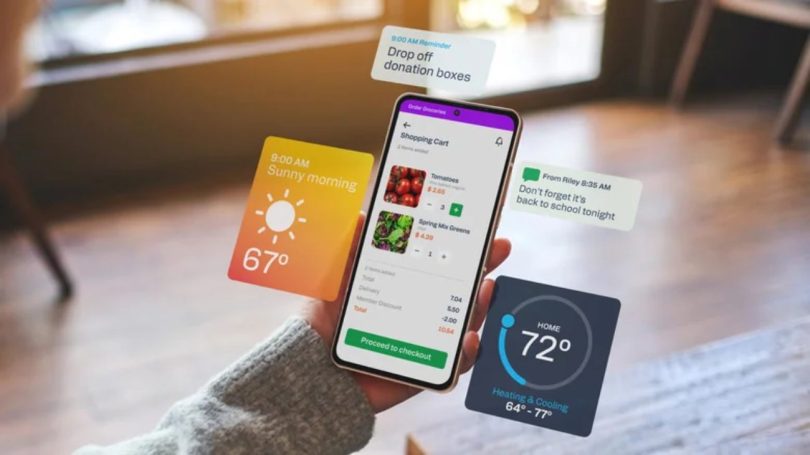 Smartphone affichant l'interface fluide Smooth Motion UI de Qualcomm avec des widgets flottants (météo, domotique, rappels) pour illustrer les performances des processeurs Snapdragon 6 et 4 Gen 5.