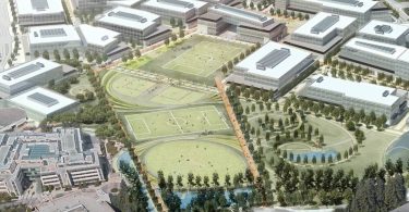 Vue aérienne du vaste campus du siège de Microsoft à Redmond, l'entreprise technologique aujourd'hui vivement critiquée pour ses menaces de poursuites pénales envers un chercheur en cybersécurité.