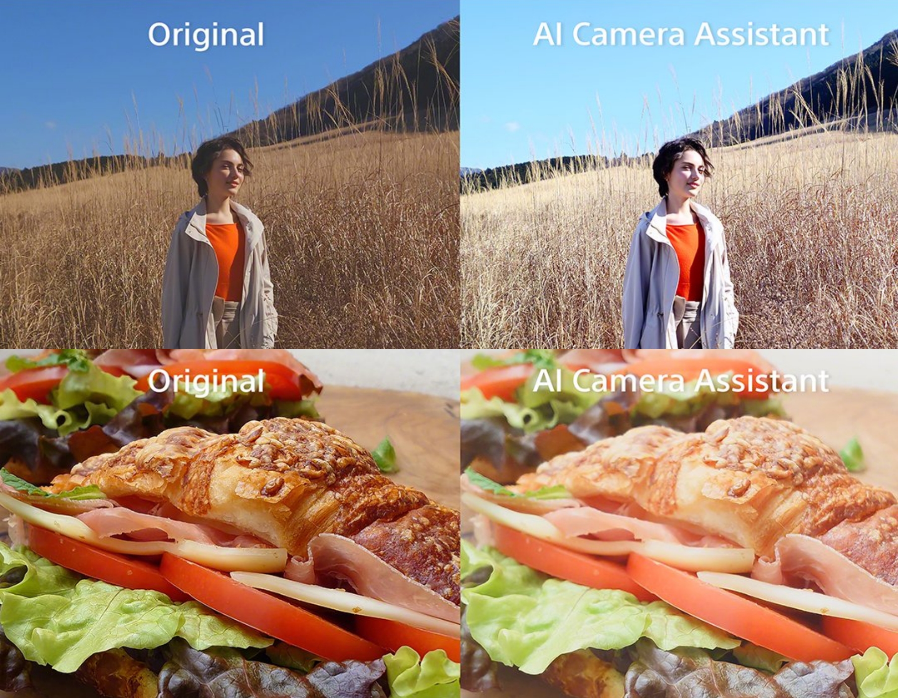 Comparatif photo avant/après de l'assistant IA de Sony : en haut, un portrait dans un champ ; en bas, un sandwich au jambon. À gauche les versions originales, à droite les versions modifiées par l'IA.