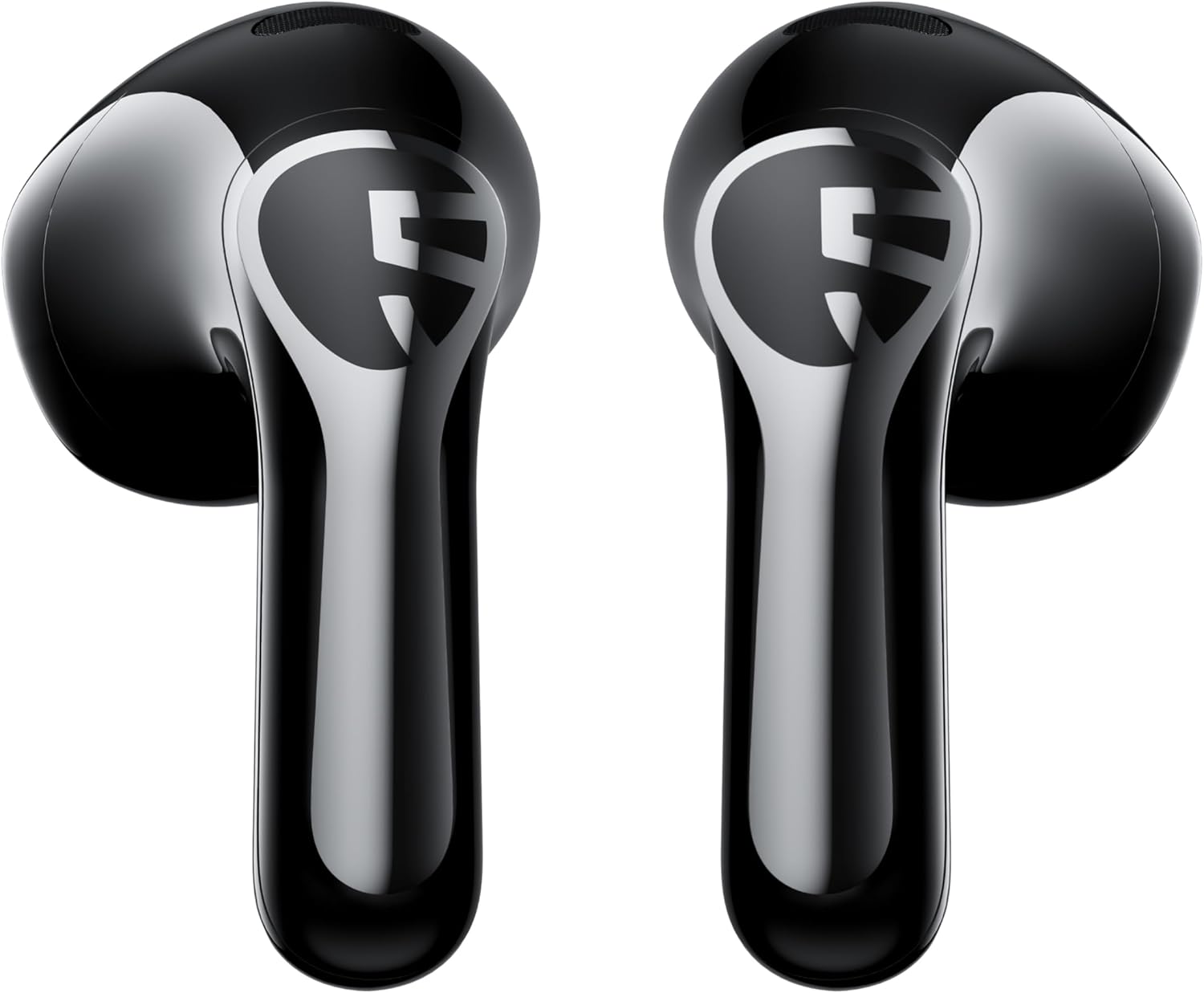 Vue détaillée des deux oreillettes SoundPEATS Air6 HS noires brillantes en format semi-intra, avec stem allongé, logo SOUNDPEATS sur la coque externe et coque arrondie sans embout silicone.